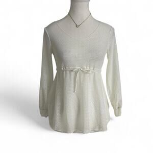 White Baby Doll Long Sleeve Slightly Sheer Top With Waist Tie Size Small